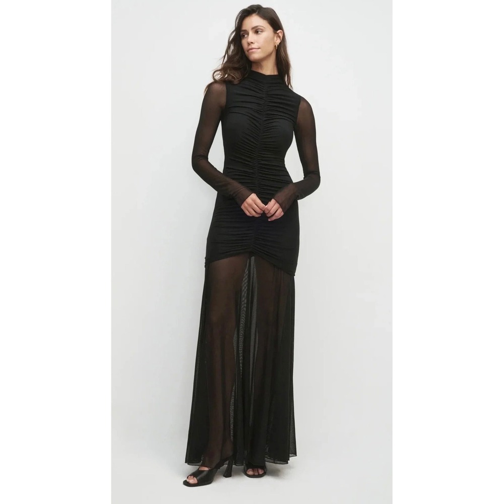 Favorite Daughter The Love Language Dress Black Mesh Ruched Mock Neck Maxi M NEW
